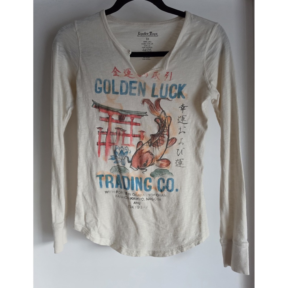Lucky Tees Women XS Off-White Koi Asian Long Sleeve Cotton T-Shirt Vintage Tee